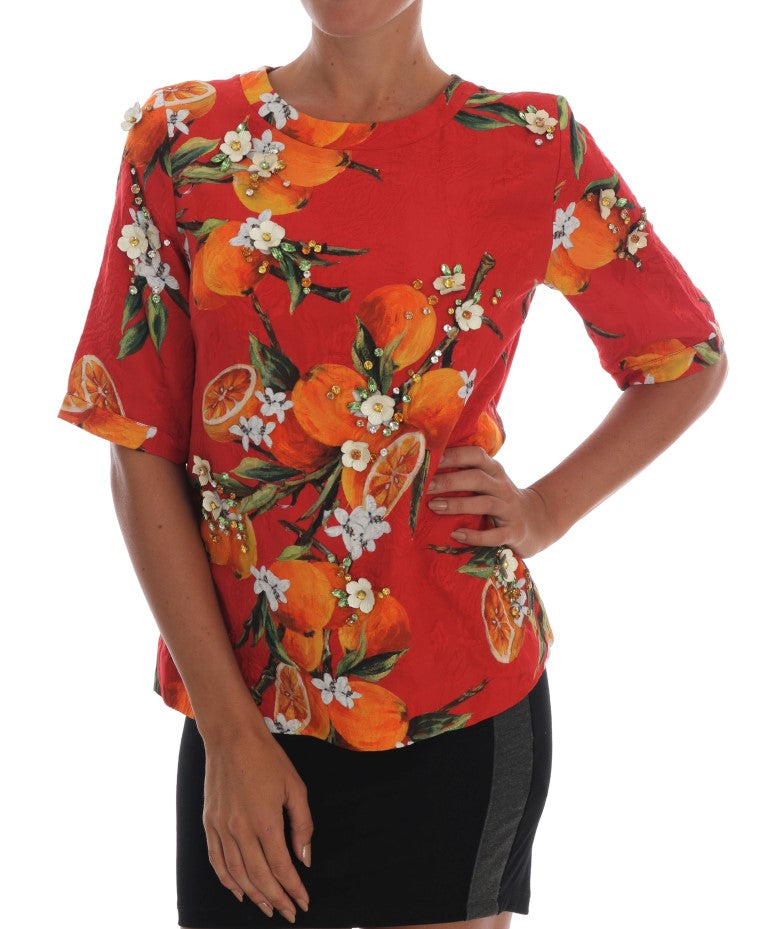 Blusa Dolce &amp; Gabbana con stampa arancione e cristalli