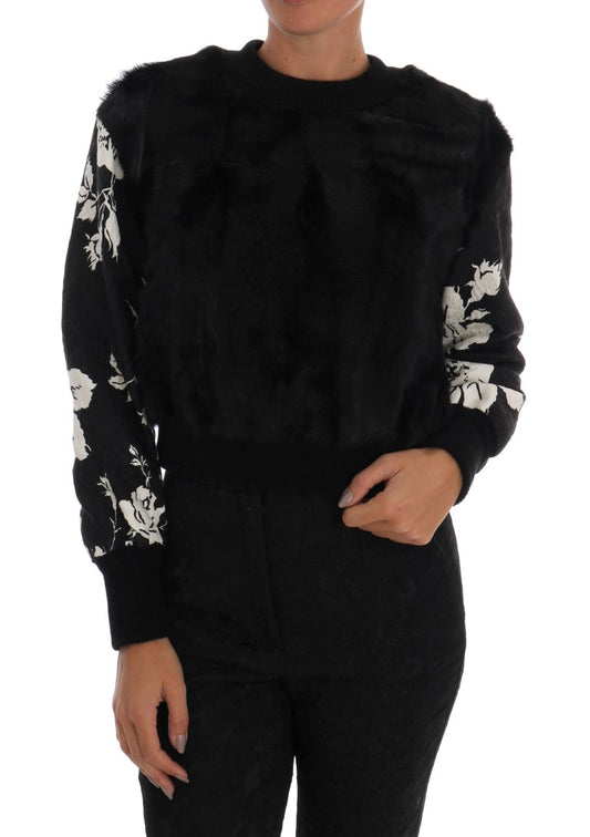Dolce &amp; Gabbana Maglione con cerniera in broccato floreale e pelliccia nera
