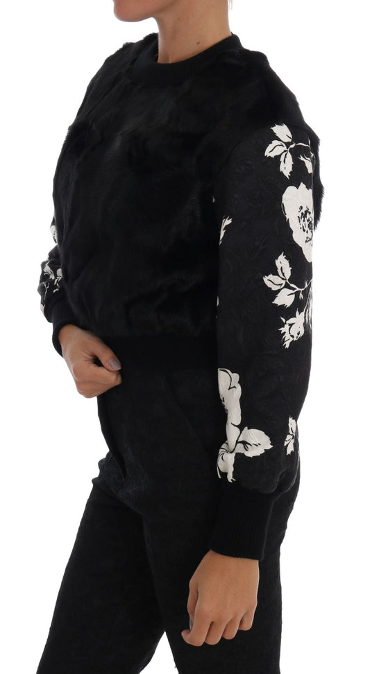 Dolce &amp; Gabbana Maglione con cerniera in broccato floreale e pelliccia nera