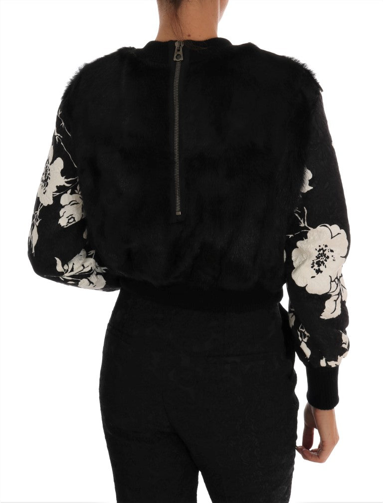 Dolce &amp; Gabbana Maglione con cerniera in broccato floreale e pelliccia nera