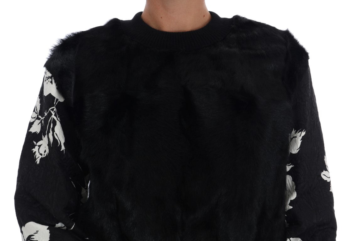 Dolce &amp; Gabbana Maglione con cerniera in broccato floreale e pelliccia nera
