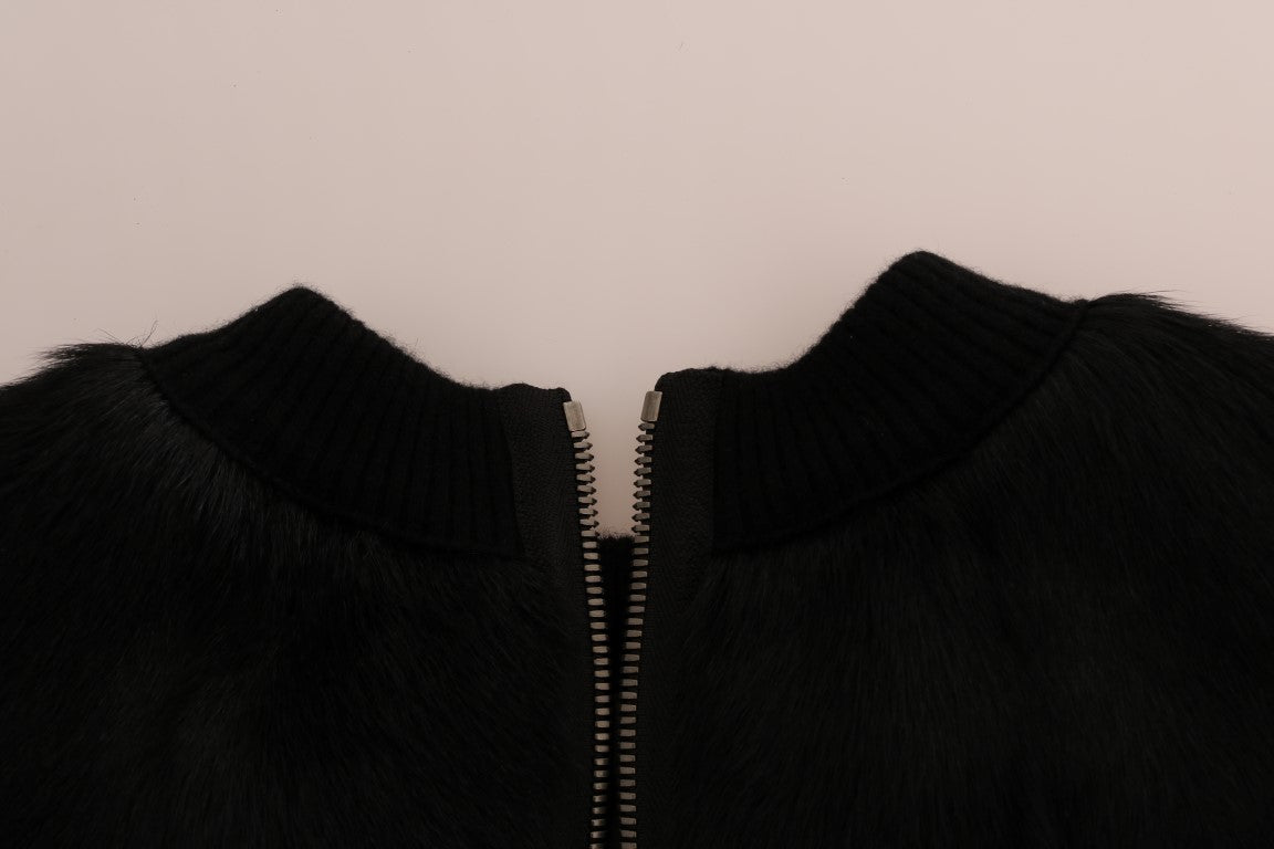 Dolce &amp; Gabbana Maglione con cerniera in broccato floreale e pelliccia nera