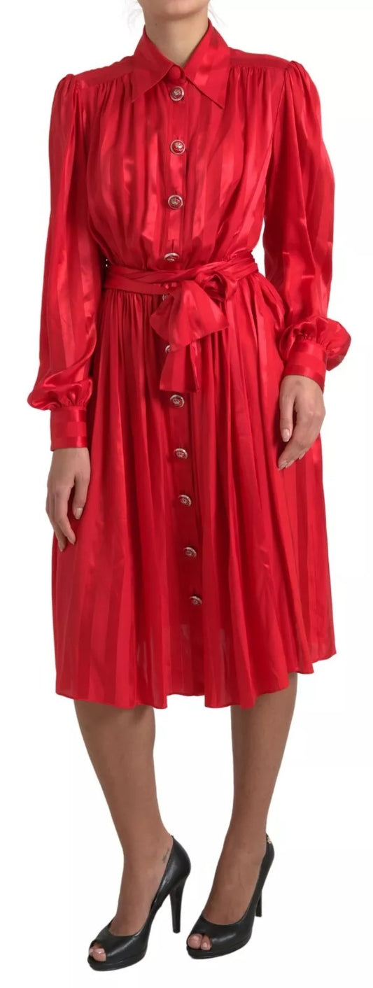 Abito midi in raso di seta con cintura e bottoni rosso Dolce &amp; Gabbana