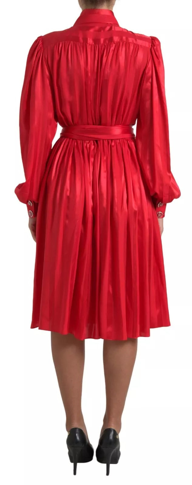 Abito midi in raso di seta con cintura e bottoni rosso Dolce &amp; Gabbana