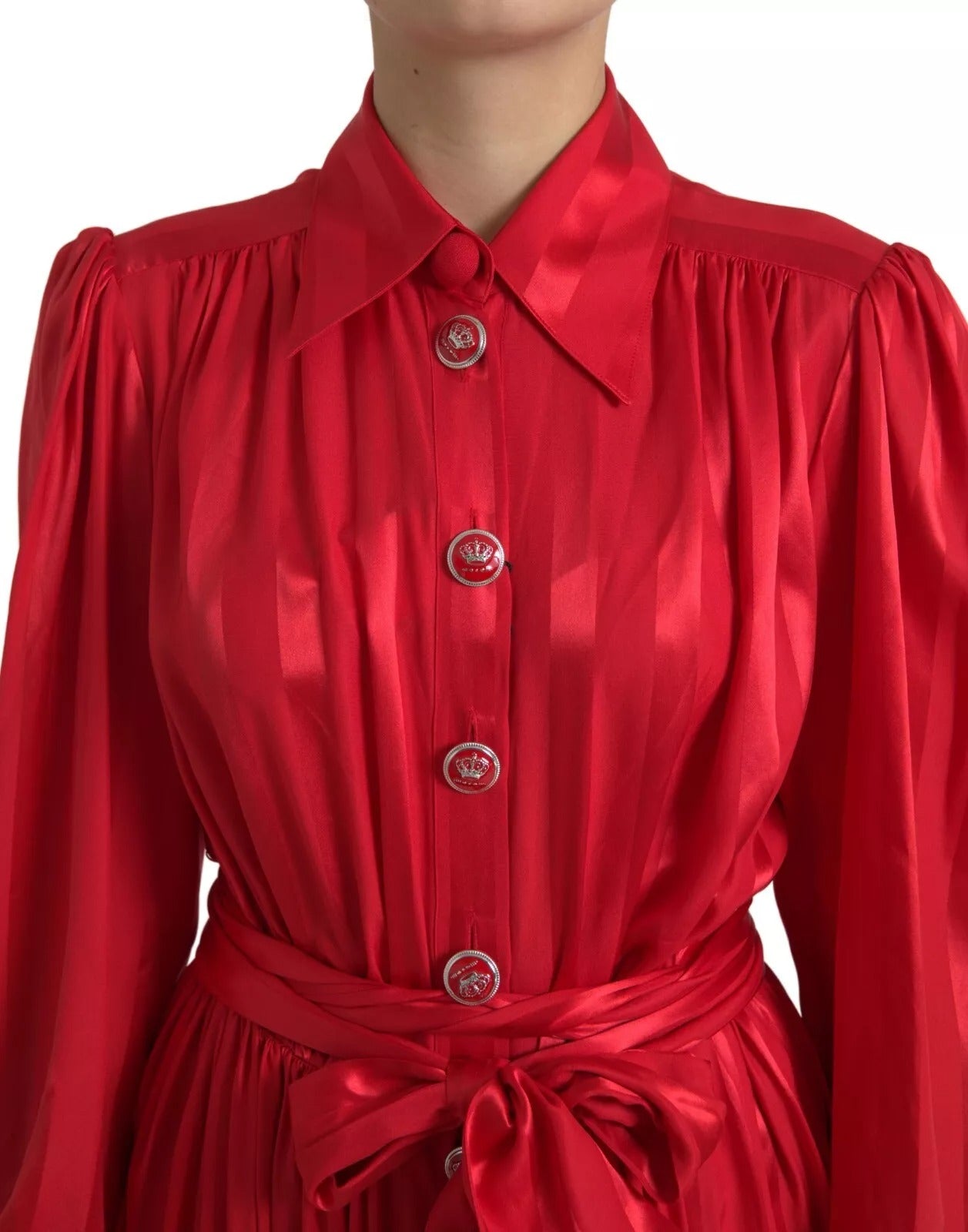 Abito midi in raso di seta con cintura e bottoni rosso Dolce &amp; Gabbana