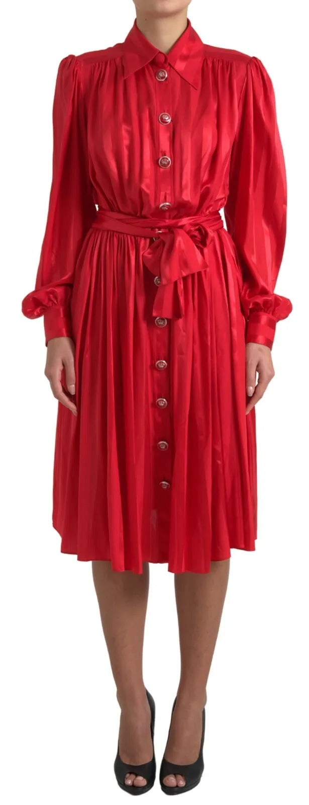 Abito midi in raso di seta con cintura e bottoni rosso Dolce &amp; Gabbana