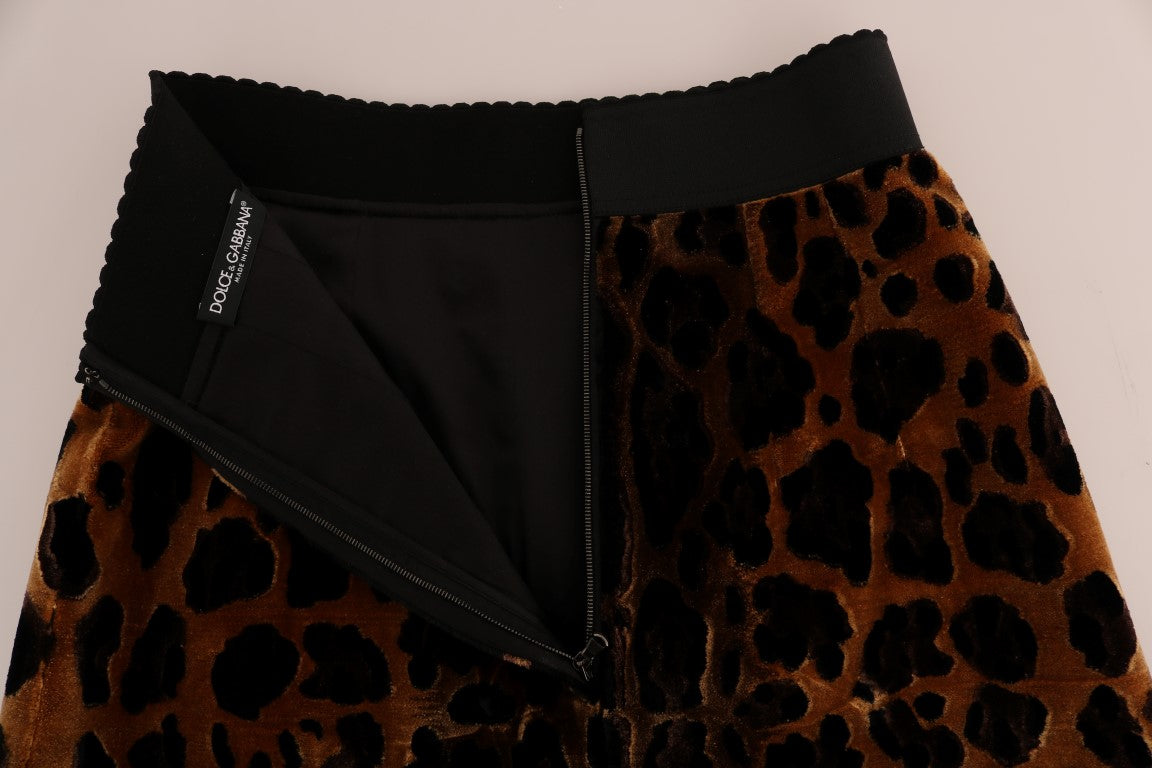 Gonna a trapezio in seta con stampa leopardata marrone Dolce &amp; Gabbana