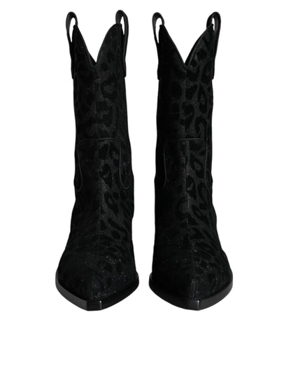 Dolce &amp; Gabbana Stivali da cowboy leopardati neri e grigi