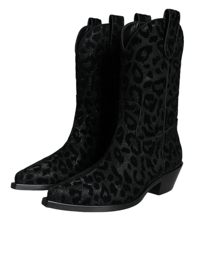 Dolce &amp; Gabbana Stivali da cowboy leopardati neri e grigi