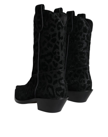 Dolce &amp; Gabbana Stivali da cowboy leopardati neri e grigi