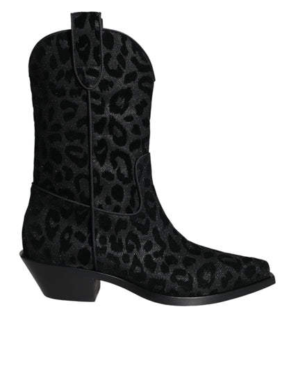 Dolce &amp; Gabbana Stivali da cowboy leopardati neri e grigi