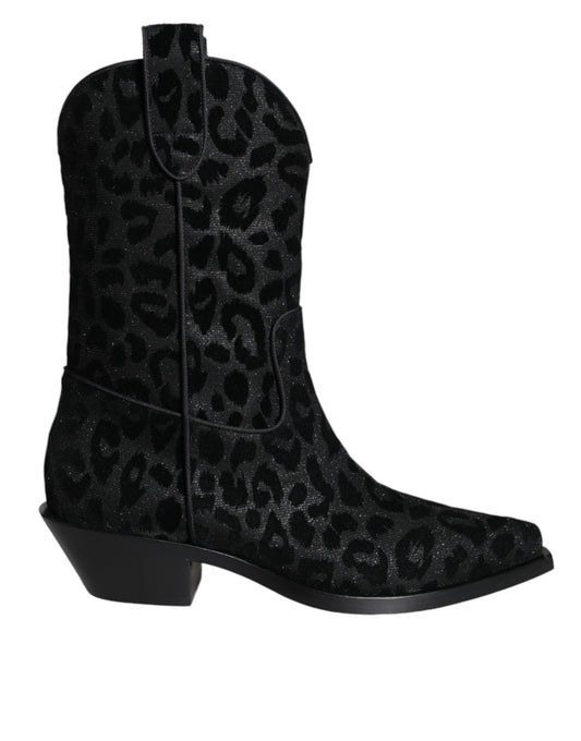 Dolce &amp; Gabbana Stivali da cowboy leopardati neri e grigi