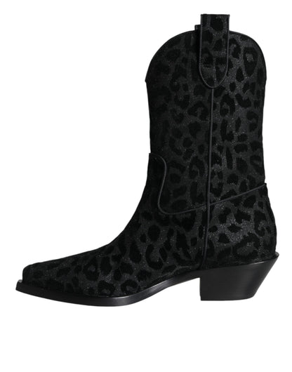 Dolce &amp; Gabbana Stivali da cowboy leopardati neri e grigi