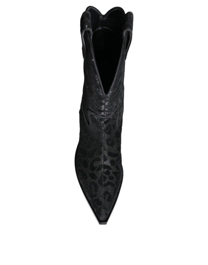 Dolce &amp; Gabbana Stivali da cowboy leopardati neri e grigi