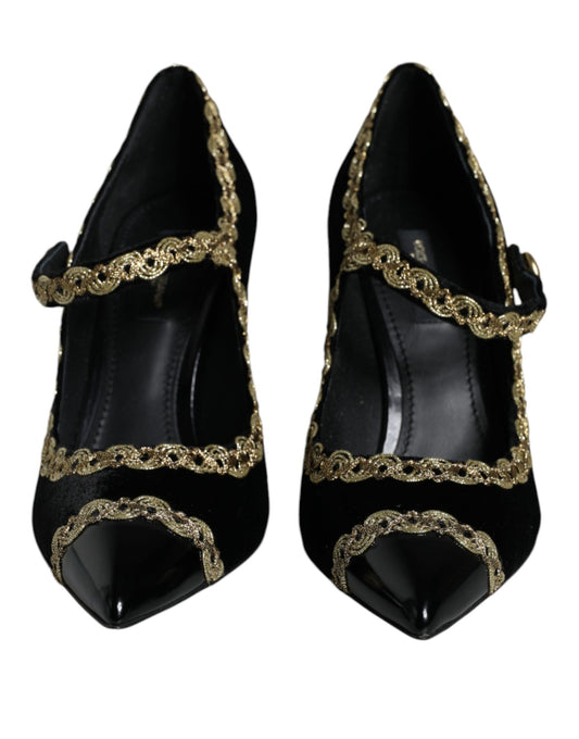 Dolce &amp; Gabbana Mary Jane nere in velluto dorato con décolleté