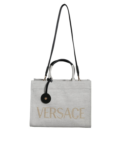 Borsa a tracolla con logo in pelle e tela con manico superiore Versace bianca