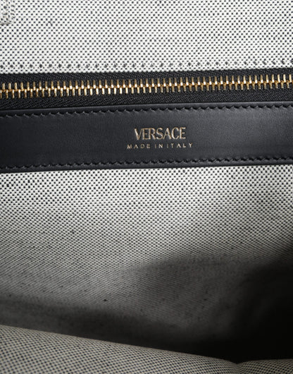 Borsa a tracolla con logo in pelle e tela con manico superiore Versace bianca