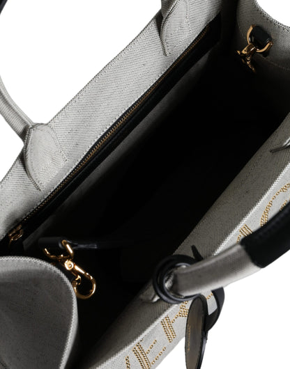 Borsa a tracolla con logo in pelle e tela con manico superiore Versace bianca