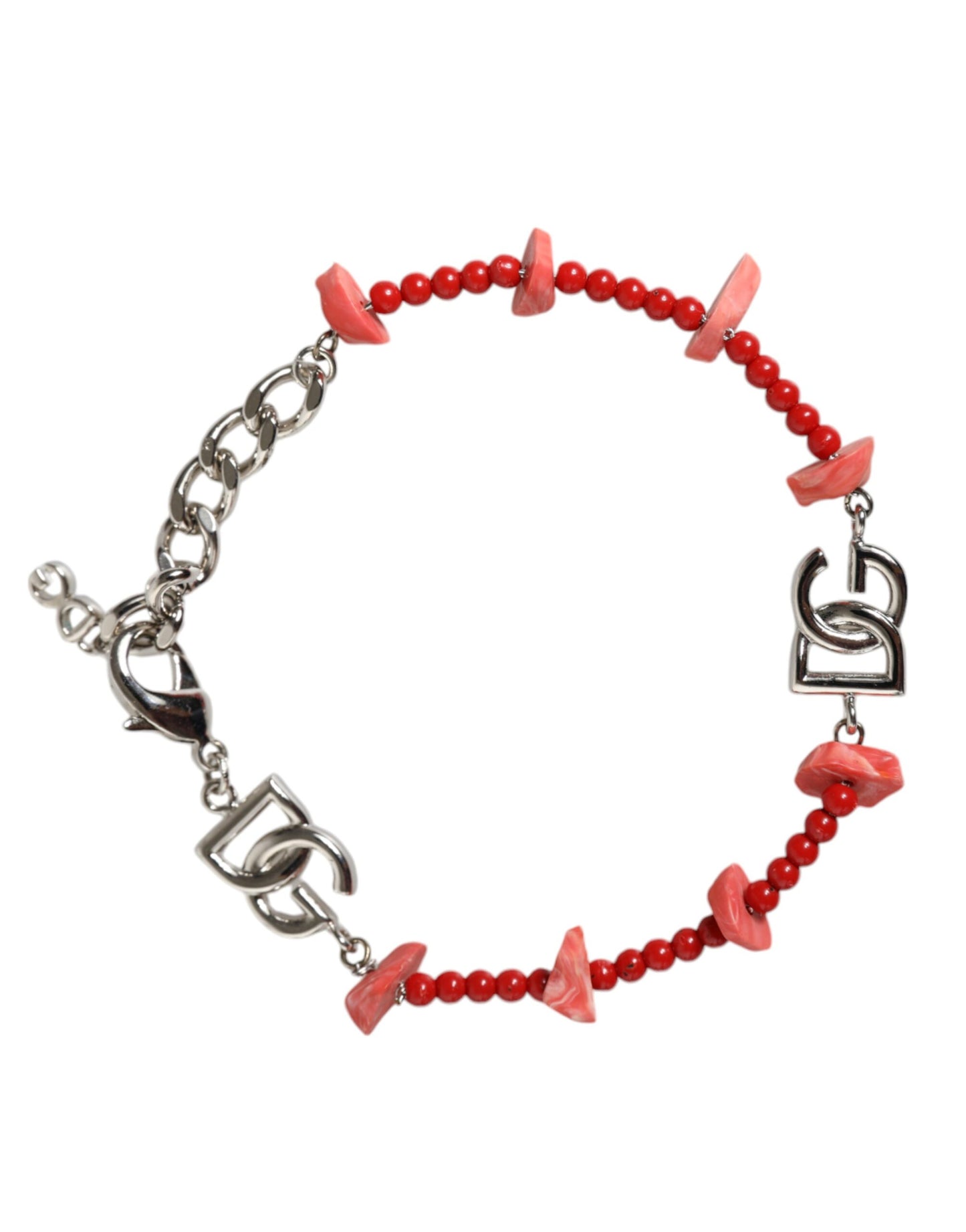 Bracciale Dolce &amp; Gabbana con catena in ottone argentato e perline in resina con logo DG