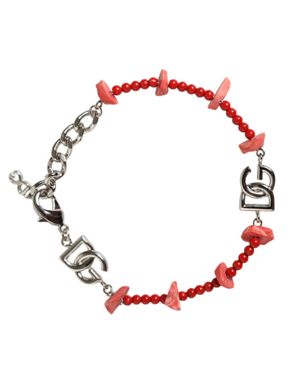 Bracciale Dolce &amp; Gabbana con catena in ottone argentato e perline in resina con logo DG