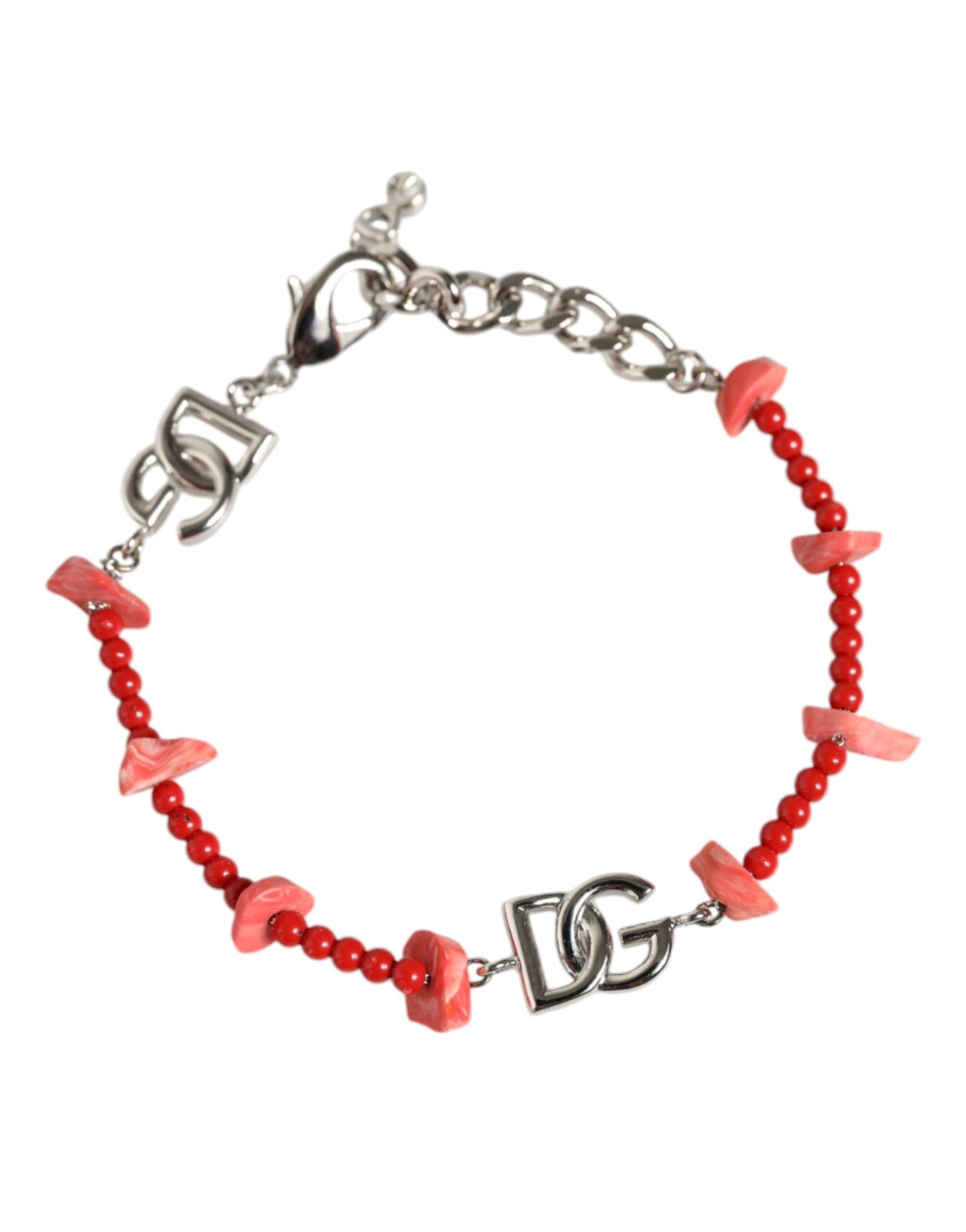 Bracciale Dolce &amp; Gabbana con catena in ottone argentato e perline in resina con logo DG