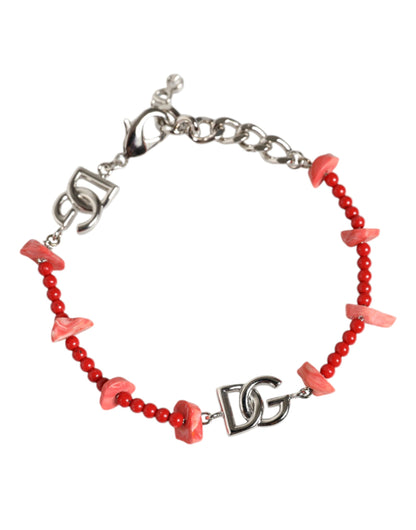 Bracciale Dolce &amp; Gabbana con catena in ottone argentato e perline in resina con logo DG