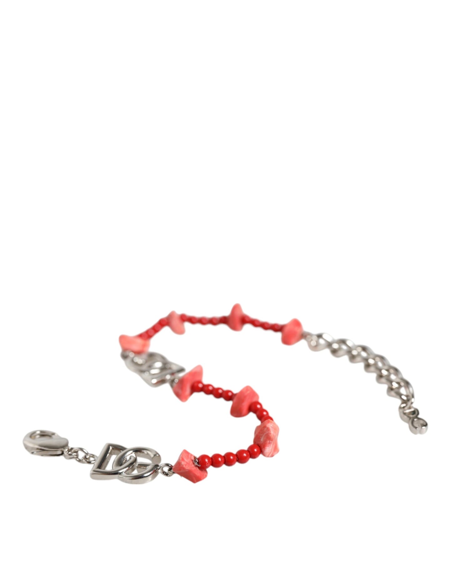 Bracciale Dolce &amp; Gabbana con catena in ottone argentato e perline in resina con logo DG