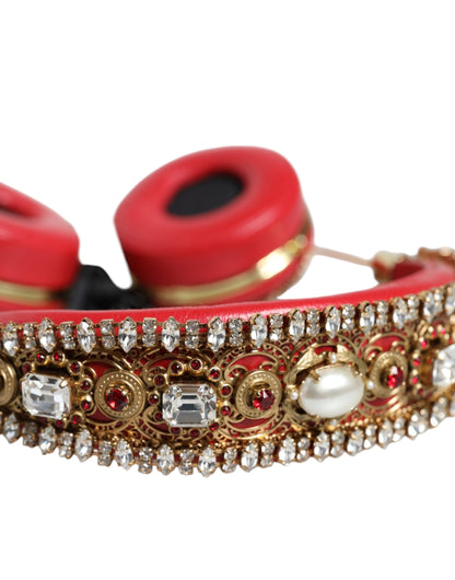 Cuffie Dolce &amp; Gabbana in nappa rossa con cristalli floreali