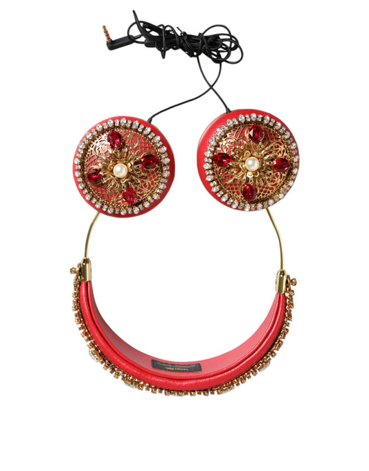 Cuffie Dolce &amp; Gabbana in nappa rossa con cristalli floreali
