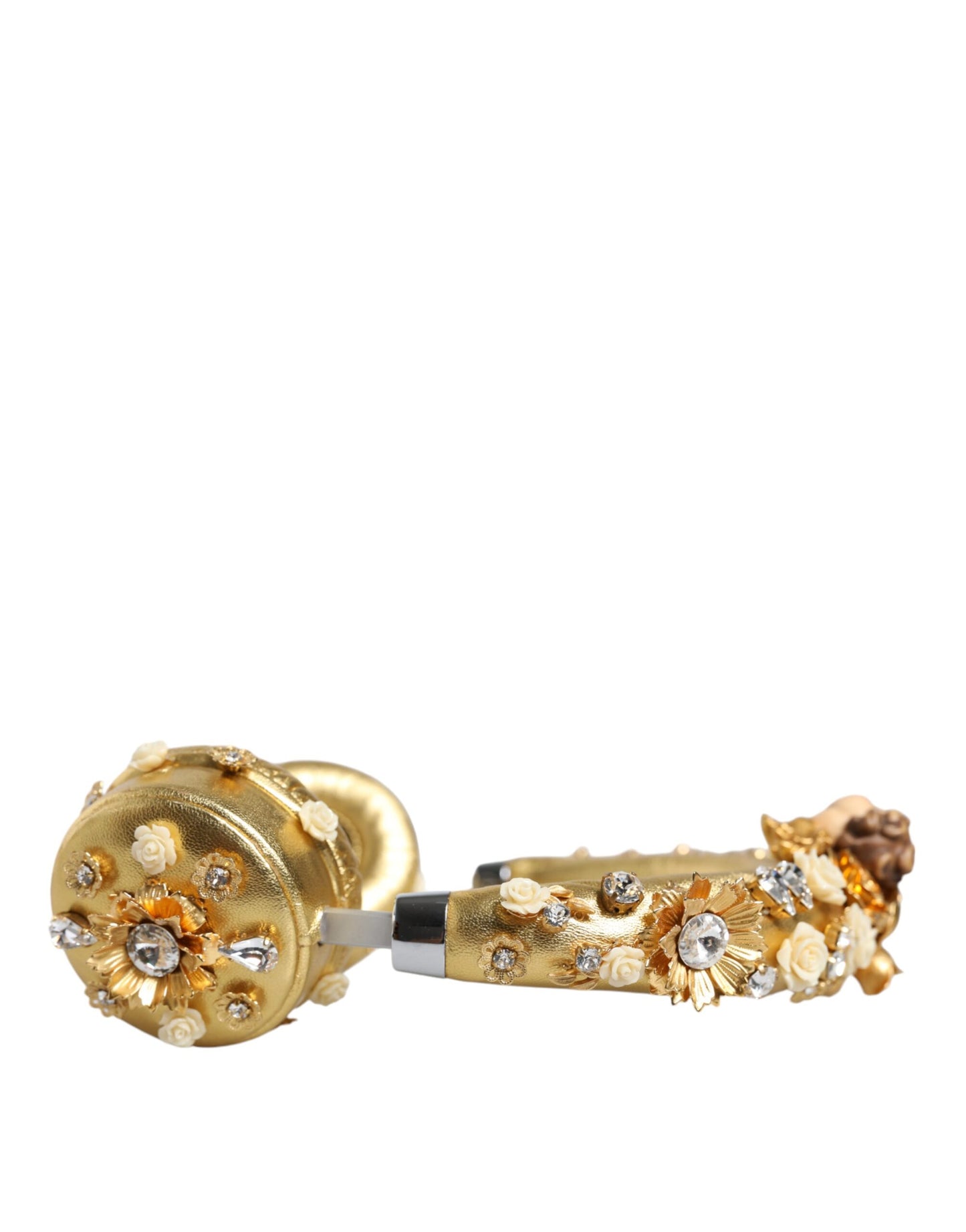Cuffie Dolce &amp; Gabbana in pelle dorata con cristalli e motivo floreale
