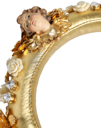 Cuffie Dolce &amp; Gabbana in pelle dorata con cristalli e motivo floreale