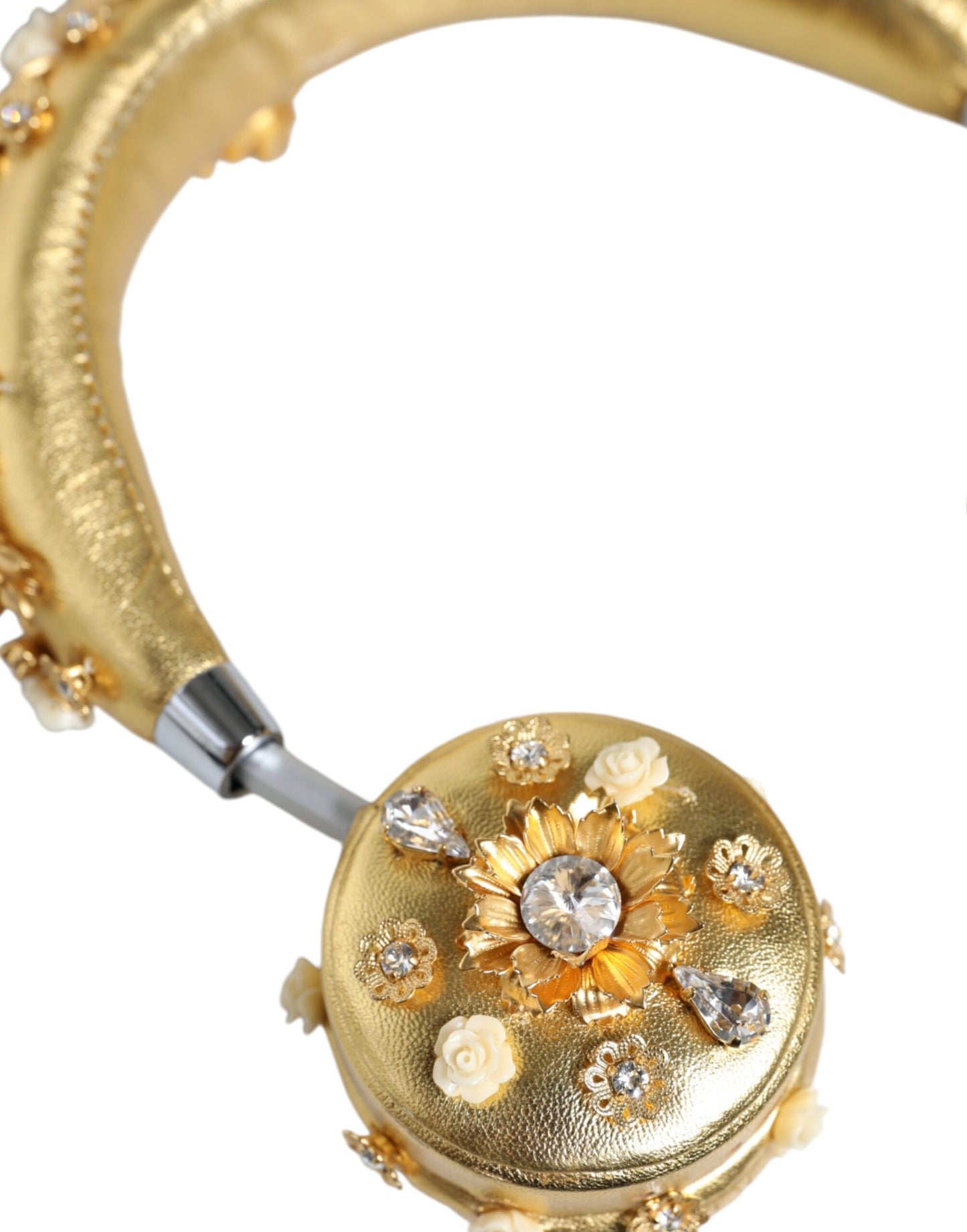 Cuffie Dolce &amp; Gabbana in pelle dorata con cristalli e motivo floreale