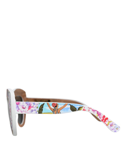 Occhiali da sole Dolce &amp; Gabbana con montatura in ottone e cristalli multicolore in legno e dipinti a mano con motivi floreali