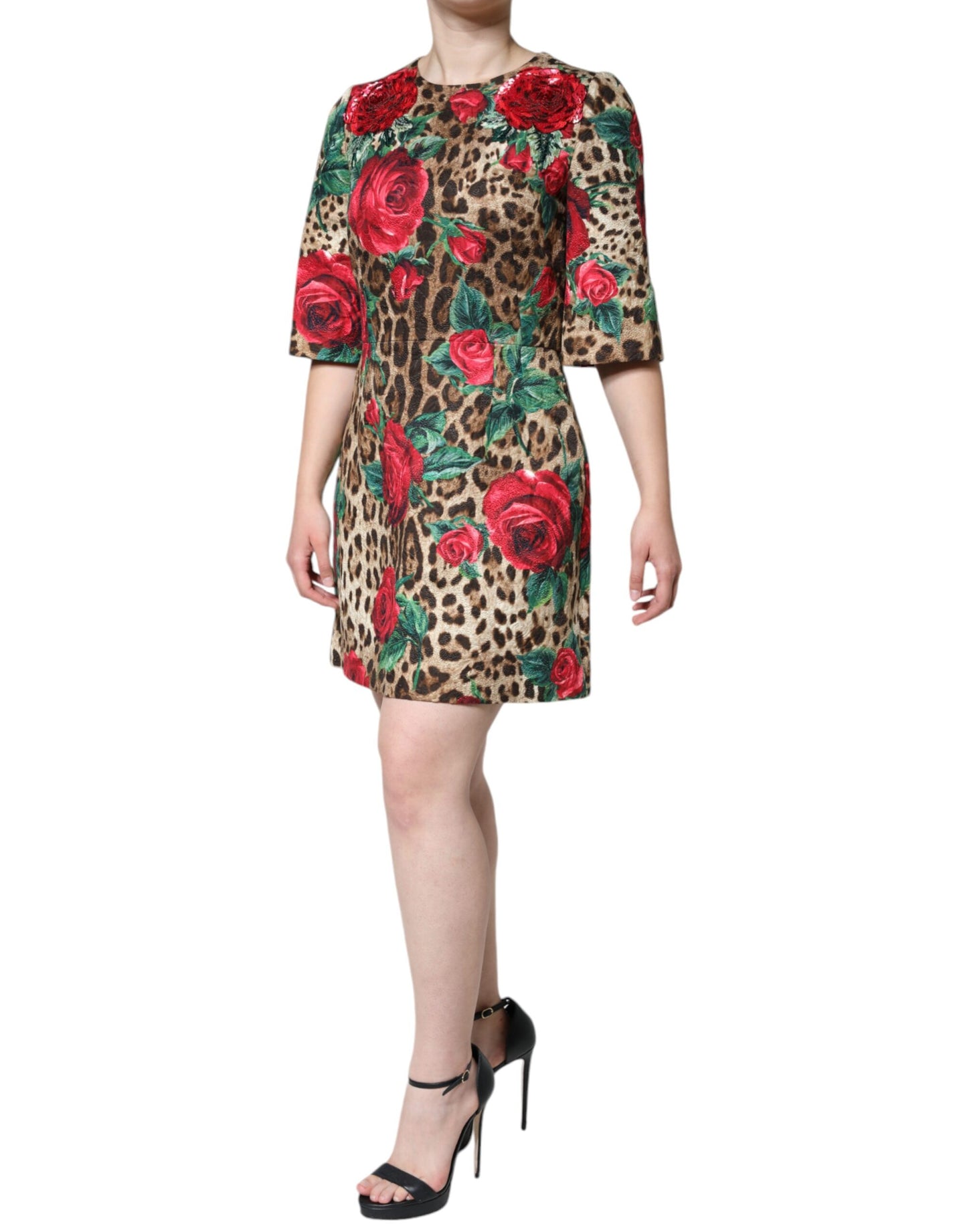 Abito a trapezio in cotone con rose rosse e leopardo marrone Dolce &amp; Gabbana