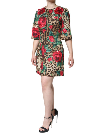 Abito a trapezio in cotone con rose rosse e leopardo marrone Dolce &amp; Gabbana
