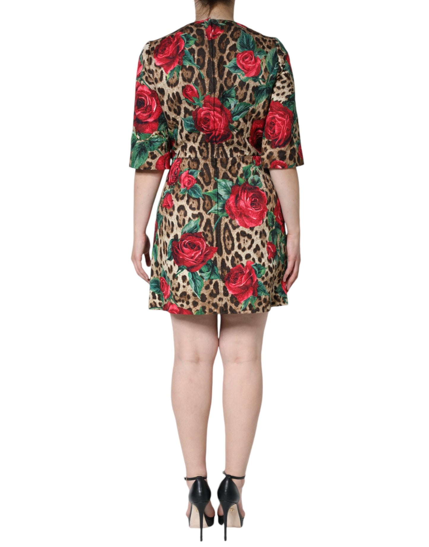 Abito a trapezio in cotone con rose rosse e leopardo marrone Dolce &amp; Gabbana