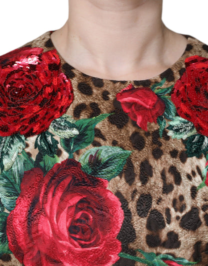 Abito a trapezio in cotone con rose rosse e leopardo marrone Dolce &amp; Gabbana