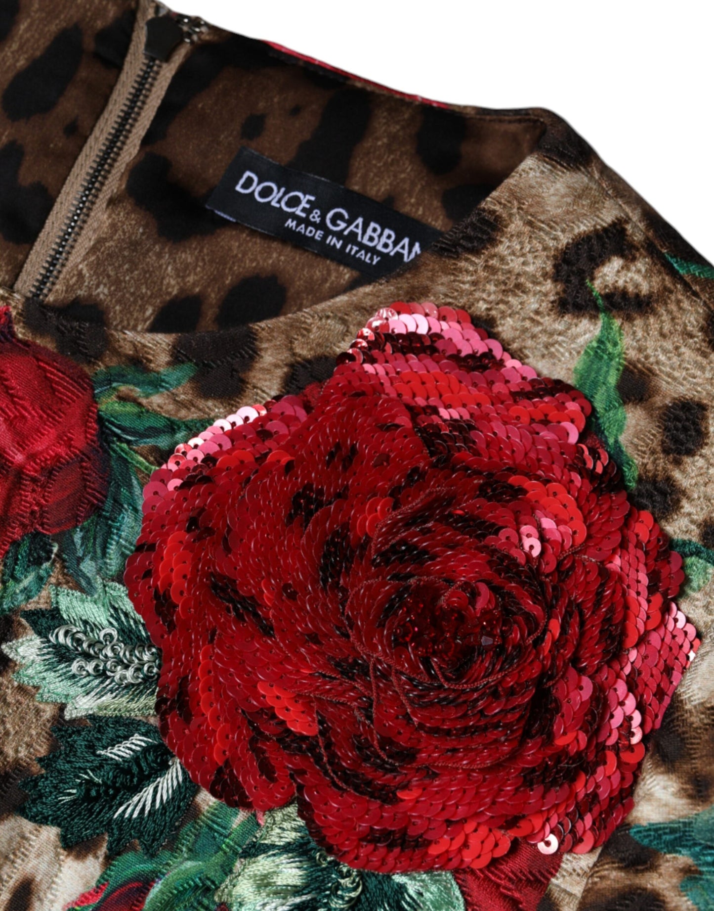 Abito a trapezio in cotone con rose rosse e leopardo marrone Dolce &amp; Gabbana