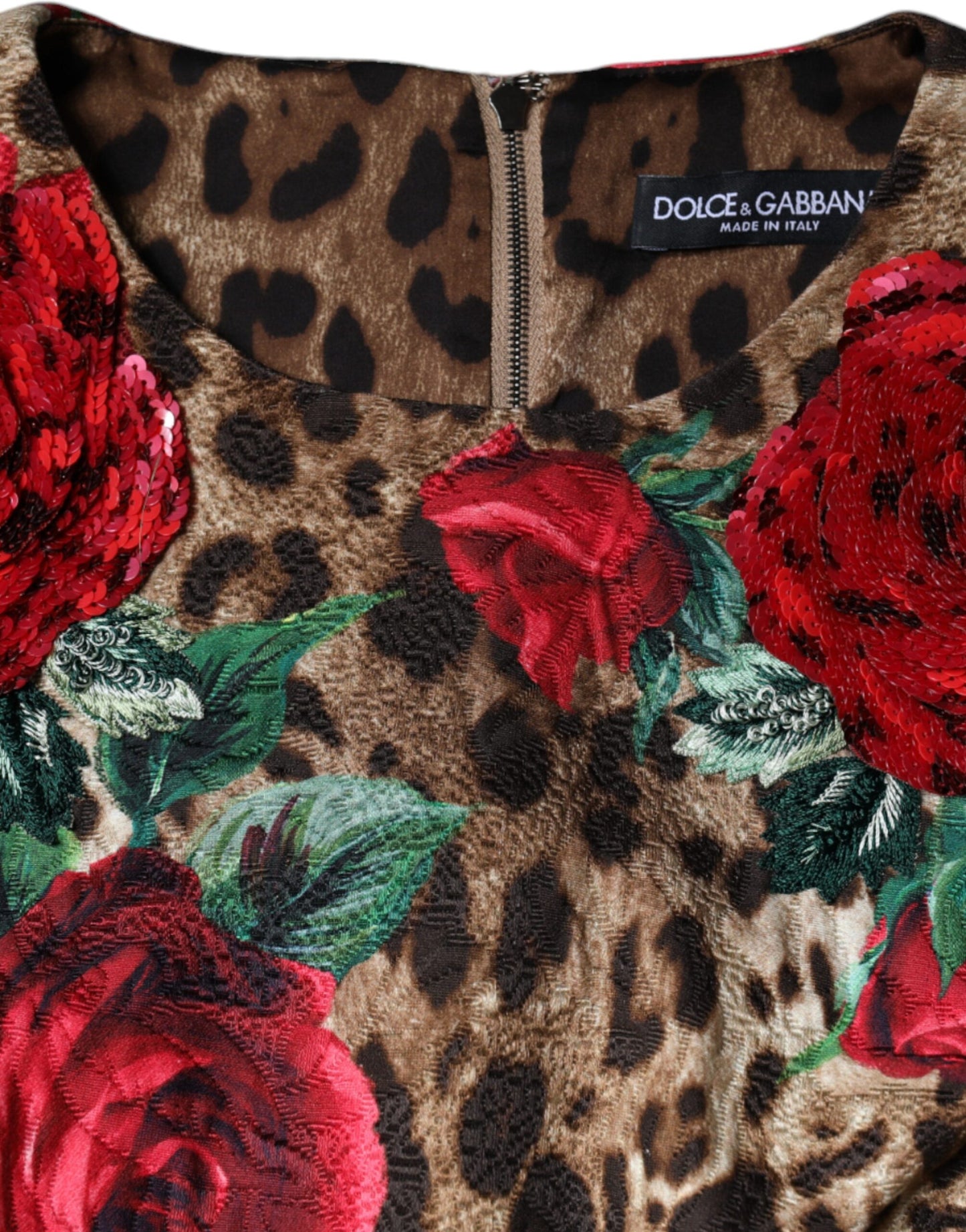 Abito a trapezio in cotone con rose rosse e leopardo marrone Dolce &amp; Gabbana