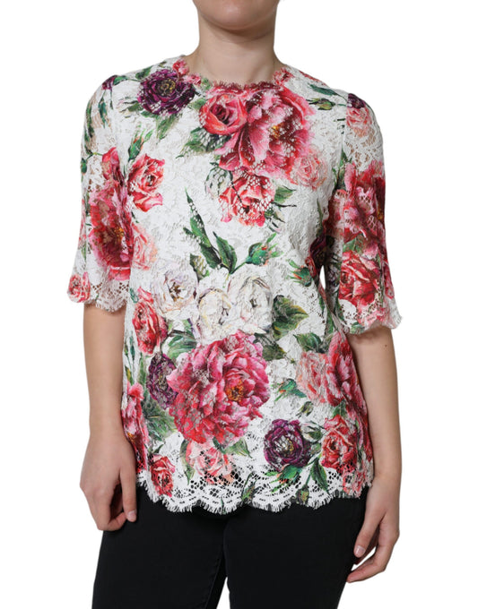 Dolce &amp; Gabbana Top blusa a maniche corte in pizzo bianco peonia