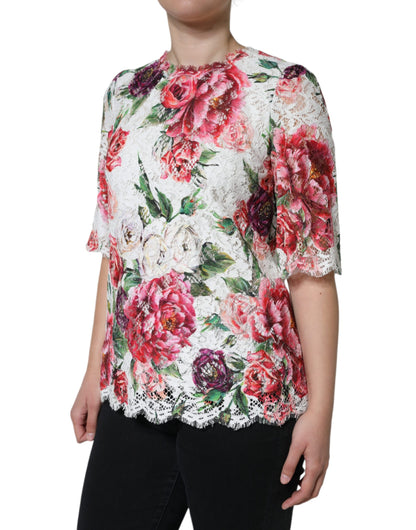 Dolce &amp; Gabbana Top blusa a maniche corte in pizzo bianco peonia