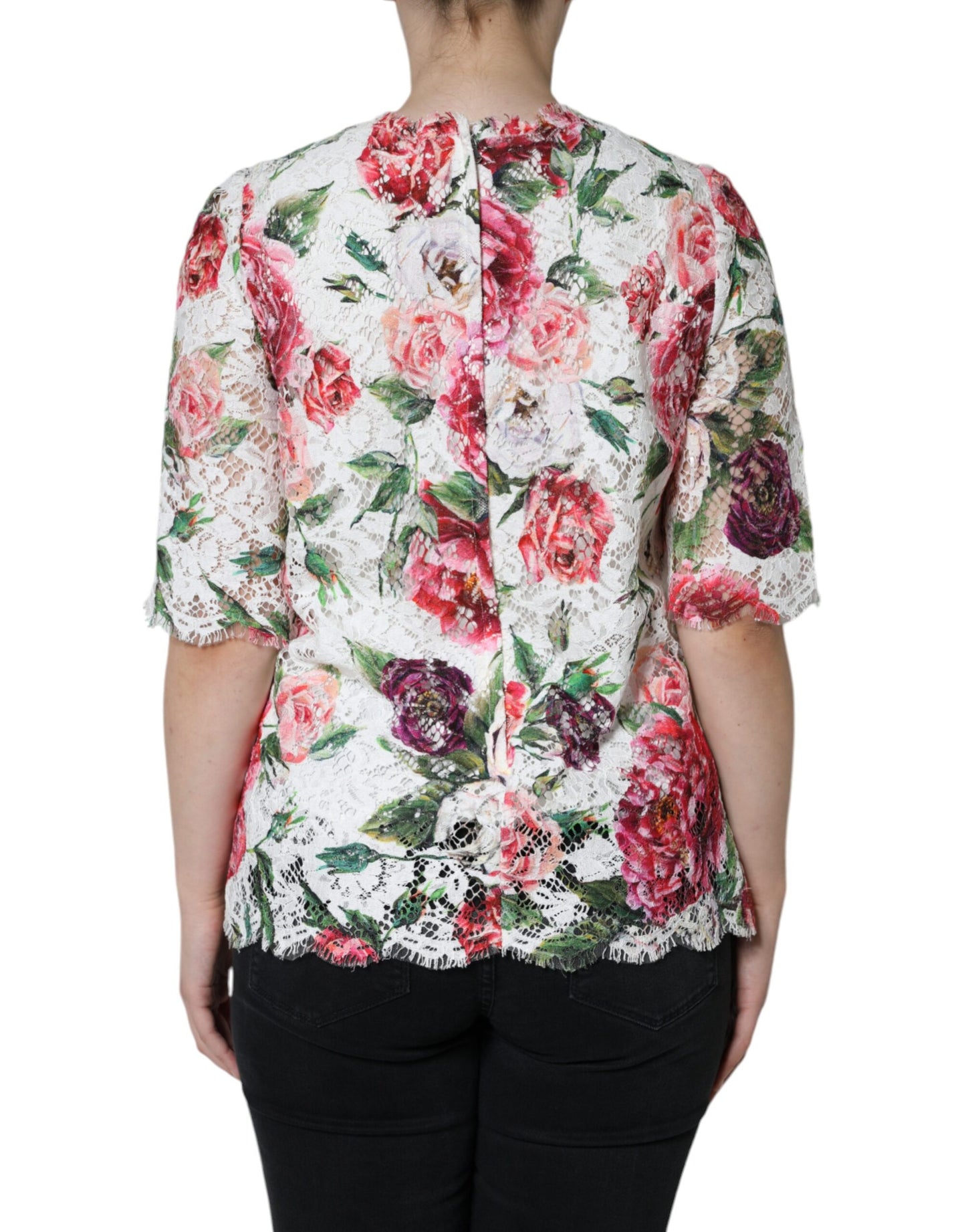 Dolce &amp; Gabbana Top blusa a maniche corte in pizzo bianco peonia