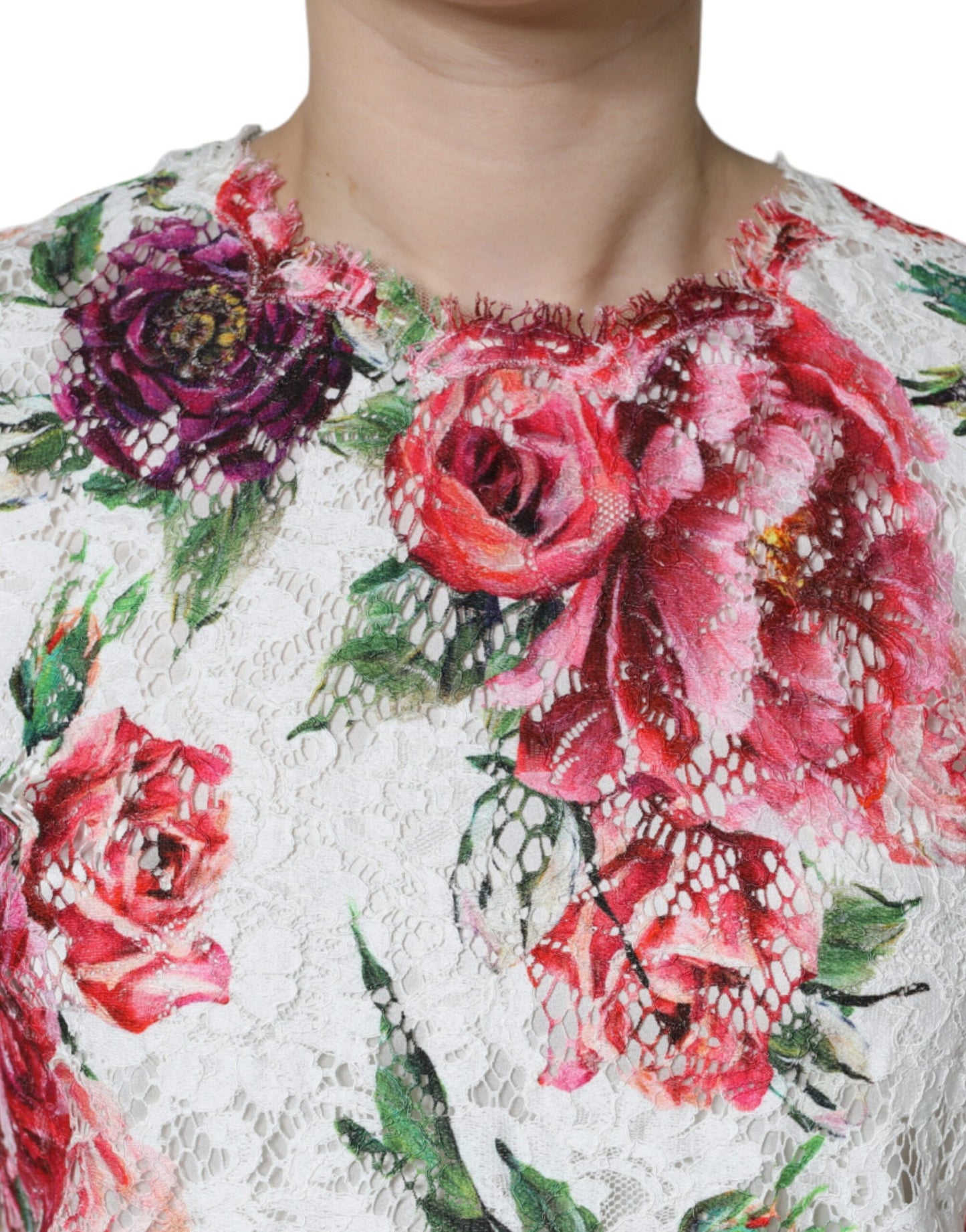 Dolce &amp; Gabbana Top blusa a maniche corte in pizzo bianco peonia