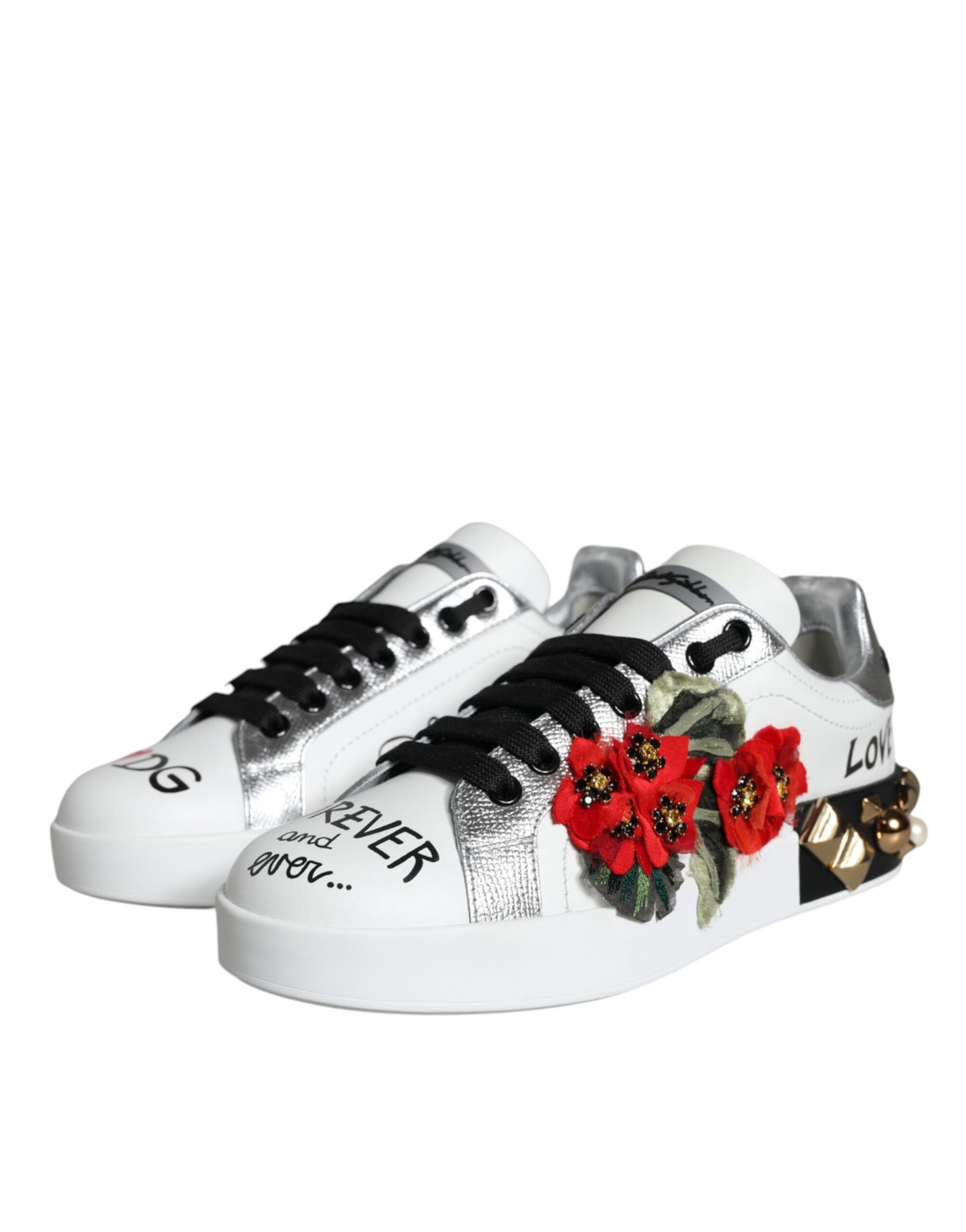 Scarpe da ginnastica Dolce &amp; Gabbana in pelle bianca con borchie floreali