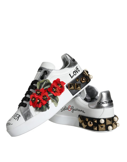 Scarpe da ginnastica Dolce &amp; Gabbana in pelle bianca con borchie floreali