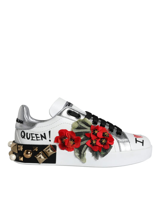 Scarpe da ginnastica Dolce &amp; Gabbana in pelle bianca con borchie floreali