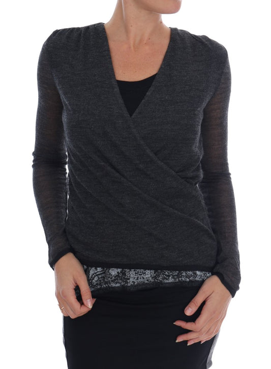 T-shirt a maniche lunghe in pizzo di lana grigia Ermanno Scervino