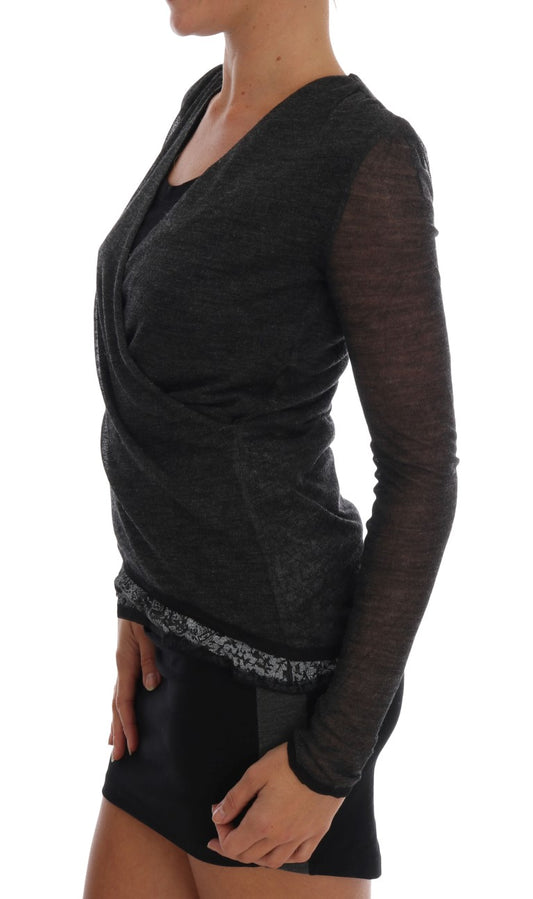 T-shirt a maniche lunghe in pizzo di lana grigia Ermanno Scervino
