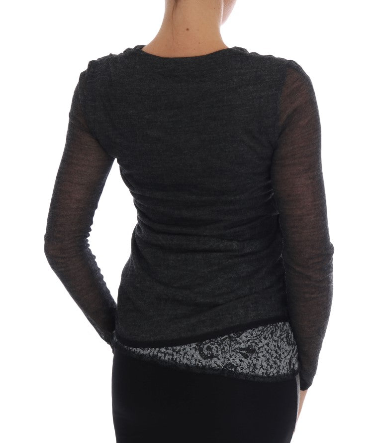 T-shirt a maniche lunghe in pizzo di lana grigia Ermanno Scervino