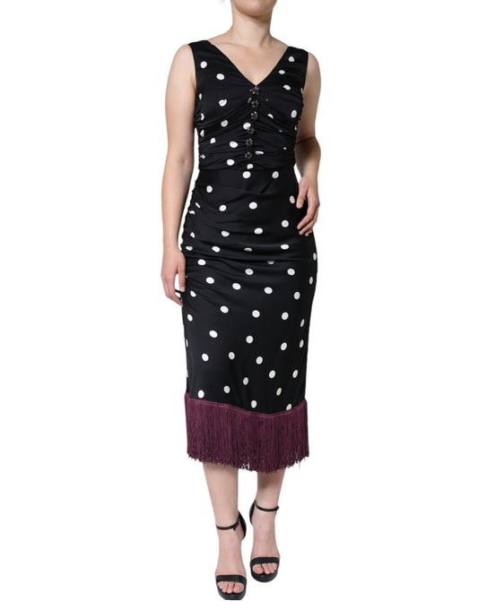 Dolce &amp; Gabbana Abito midi in seta nera con scollo a V e nappe a pois